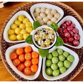 Bộ bát đĩa hoa mai men trắng sứ sương bát tràng kèm khay mây