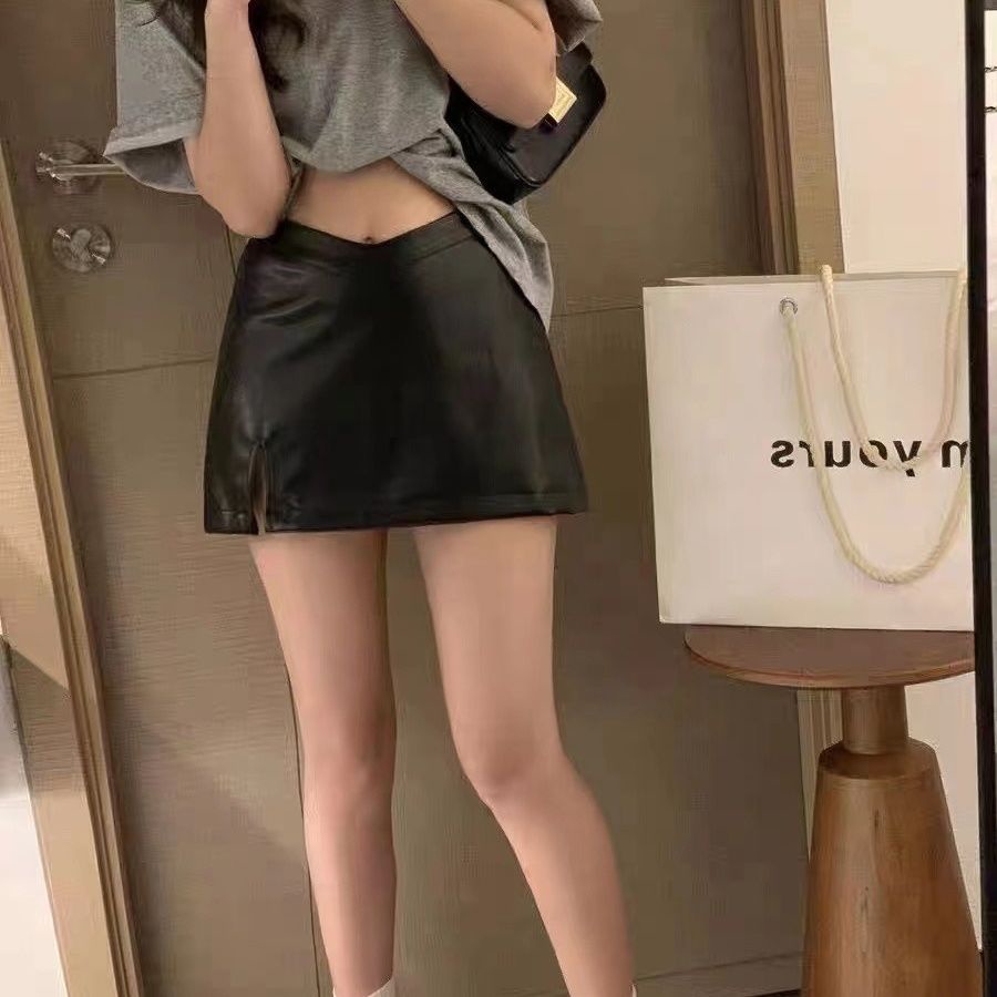 Jiashucheng Chân Váy Da pu Đen Dáng Chữ a Lưng Cao Xẻ Tà Thời Trang Mùa Hè Cho Nữ