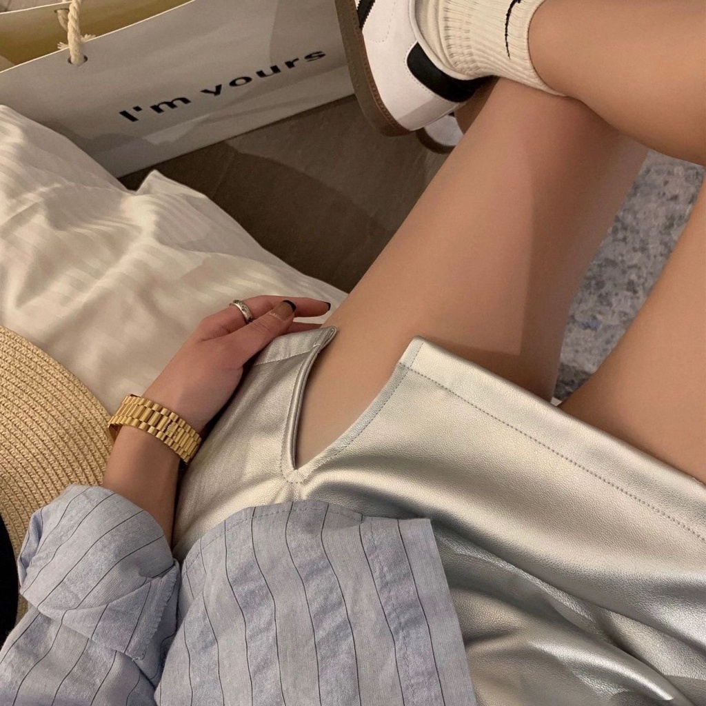 Jiashucheng Chân Váy Da pu Đen Dáng Chữ a Lưng Cao Xẻ Tà Thời Trang Mùa Hè Cho Nữ