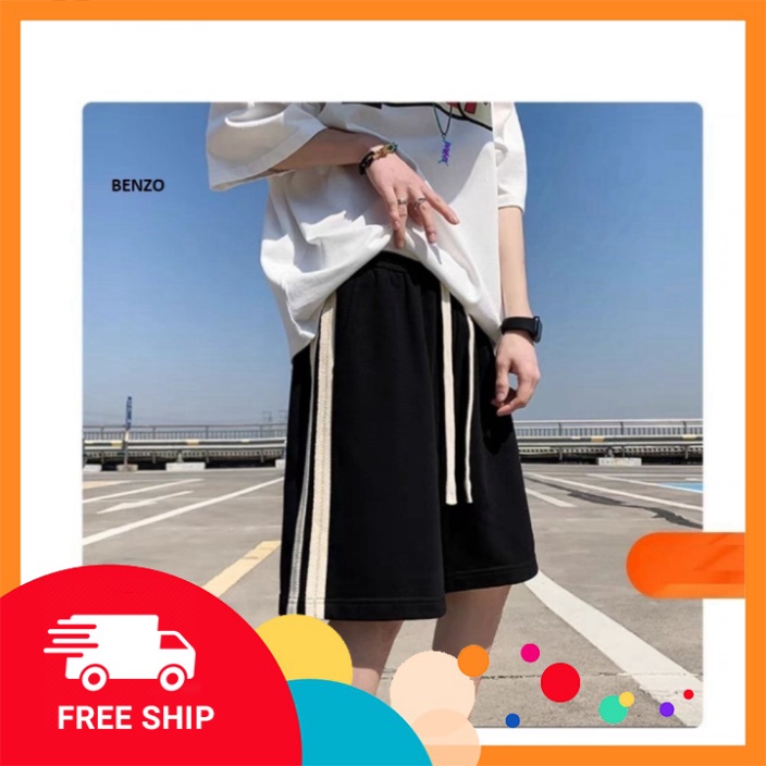 Quần short unisex nam nữ chất cotton tổ ong phối kẻ sọc hai bên, co giãn, mặc thoải mái