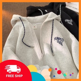 Áo Hoodie nữ zip unisex, khoác bomber nỉ bông, mũ áo trùm đầu 2 lớp, thân 1 lớp SUNPOIN IGEK phong cách Hàn Quốc