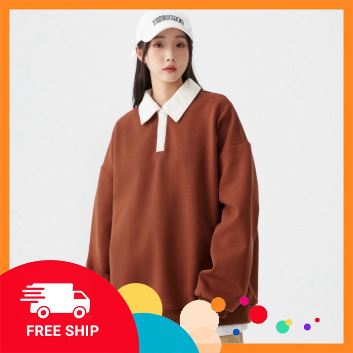 Áo sweater thiết kế polo unisex - Áo dáng rộng cổ bẹ dài tay Ulzzang phong cách Hàn Quốc | BigBuy360 - bigbuy360.vn