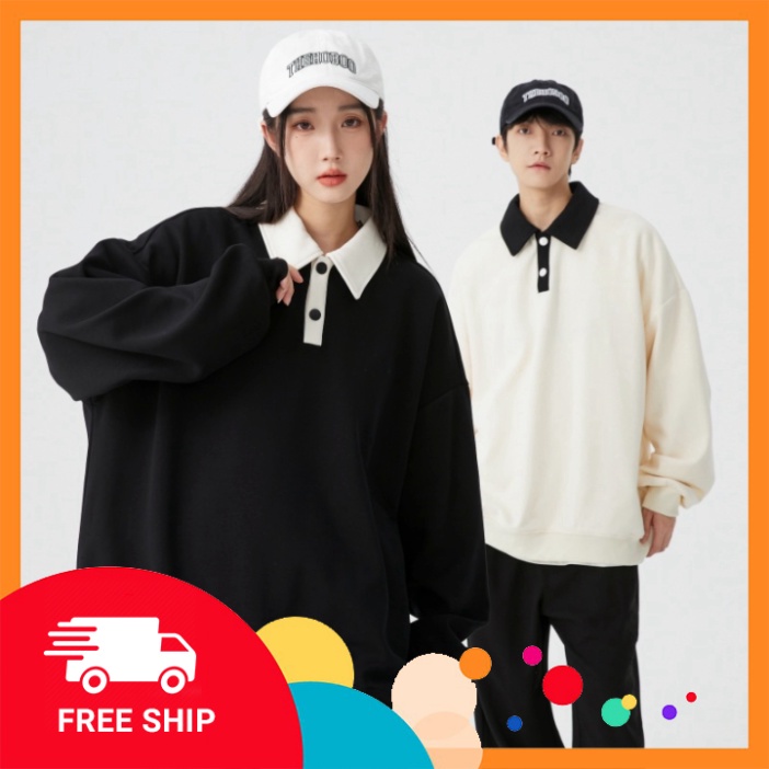 Áo sweater thiết kế polo unisex - Áo dáng rộng cổ bẹ dài tay Ulzzang phong cách Hàn Quốc | BigBuy360 - bigbuy360.vn