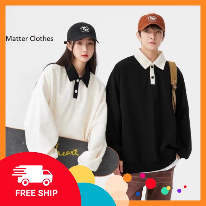 Áo sweater thiết kế polo unisex - Áo dáng rộng cổ bẹ dài tay Ulzzang phong cách Hàn Quốc | BigBuy360 - bigbuy360.vn