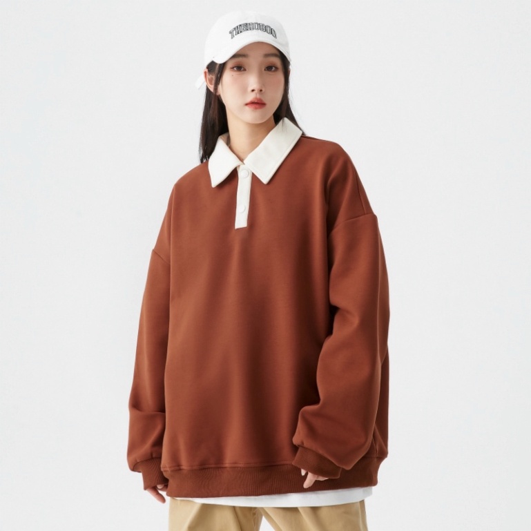 Áo sweater kiểu dáng polo unisex 3 màu- Áo dáng rộng cổ bẻ tay dài Ulzzang phong cách Hàn Quốc
