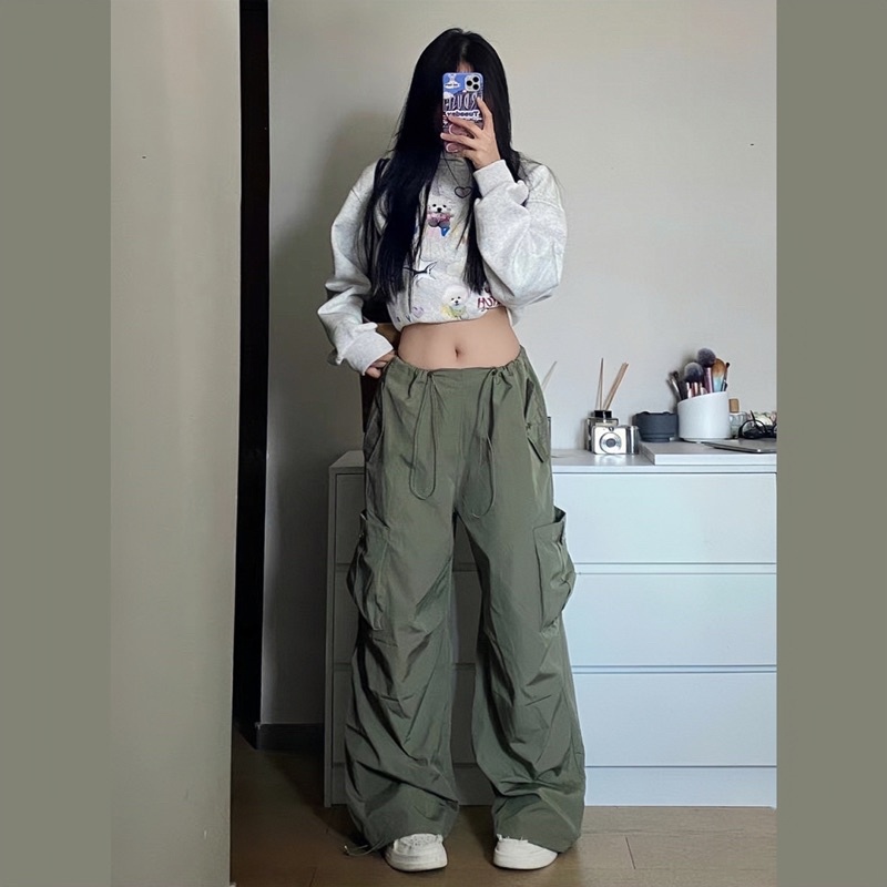 Quần Gió Túi Hộp Dây Rút Xanh Rêu Quần Cargo Pants