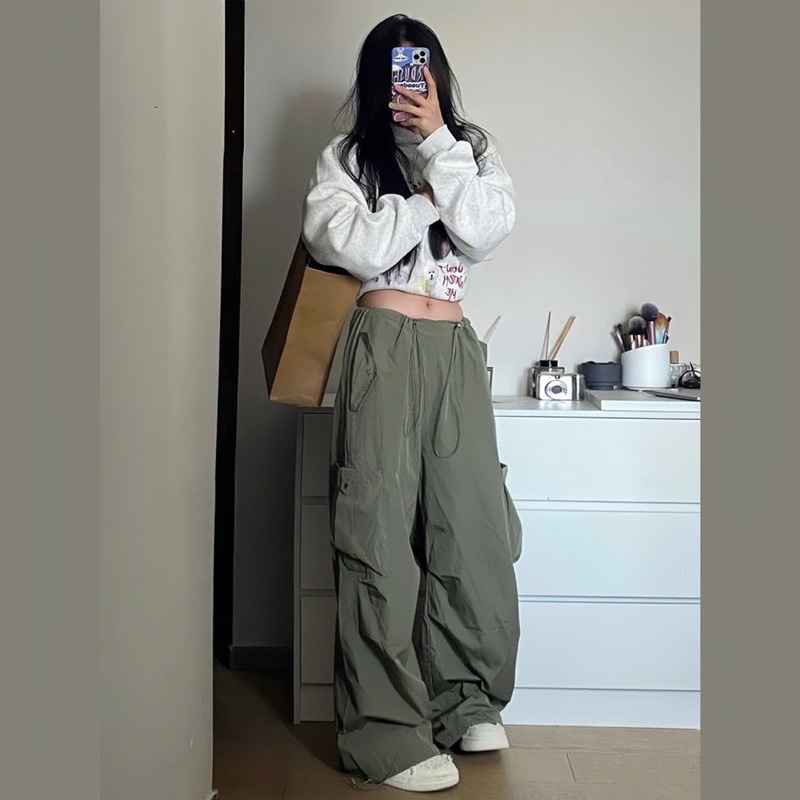 Quần Gió Túi Hộp Dây Rút Xanh Rêu Quần Cargo Pants