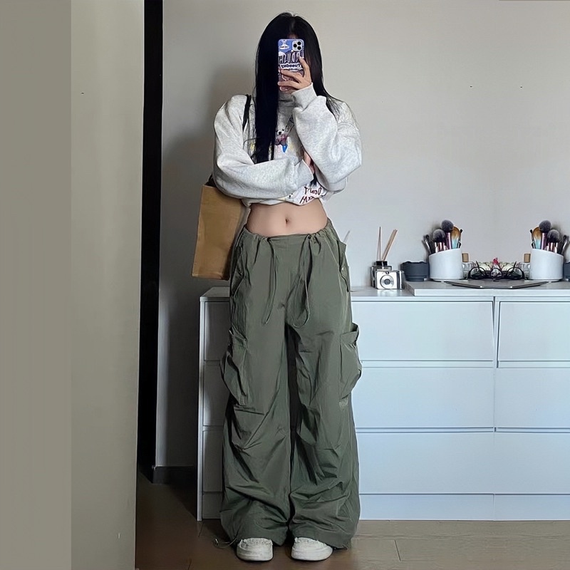 Quần Gió Túi Hộp Dây Rút Xanh Rêu Quần Cargo Pants