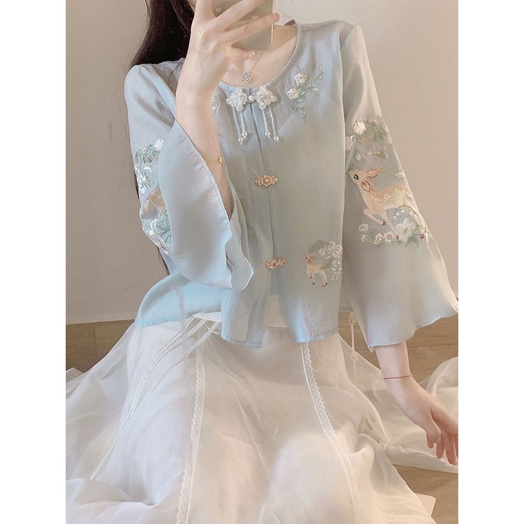 Mới Bộ Áo Thêu Họa Tiết Phong Cách Trung Hoa + Chân Váy Lửng Thời Trang Cao Cấp Cho Nữ