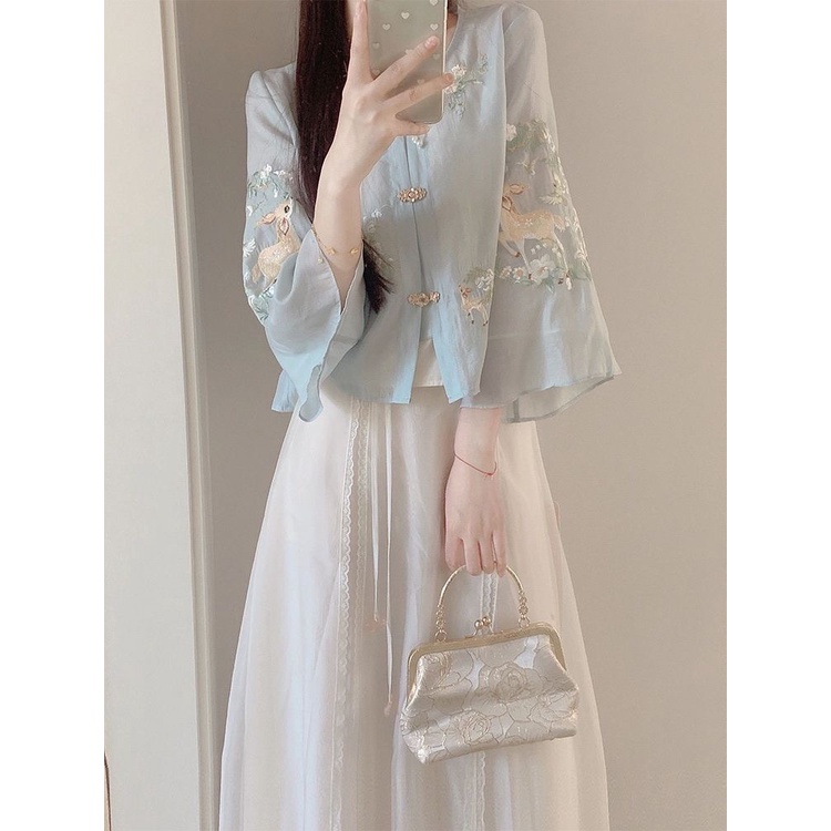 Mới Bộ Áo Thêu Họa Tiết Phong Cách Trung Hoa + Chân Váy Lửng Thời Trang Cao Cấp Cho Nữ