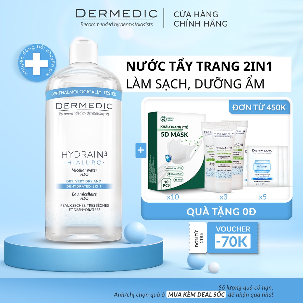 Nước tẩy trang 2 trong 1 dành cho da khô Dermedic Hydrain3 Hialuro Micellar Water H2O 500ml