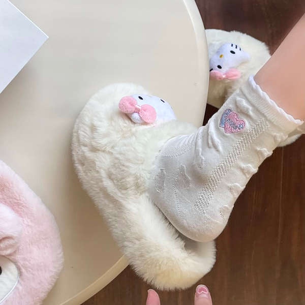Dễ Thương Dép cotton Đế Dày Chống Trượt Phối Lông Nhung Xinh Xắn Dành Cho Nữ