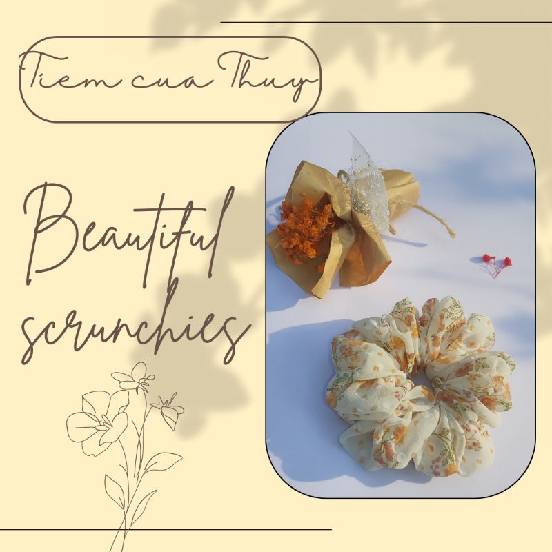 Cột tóc vải scrunchies vải voan hạt hoa nhí mềm mại bồng bềnh vintage