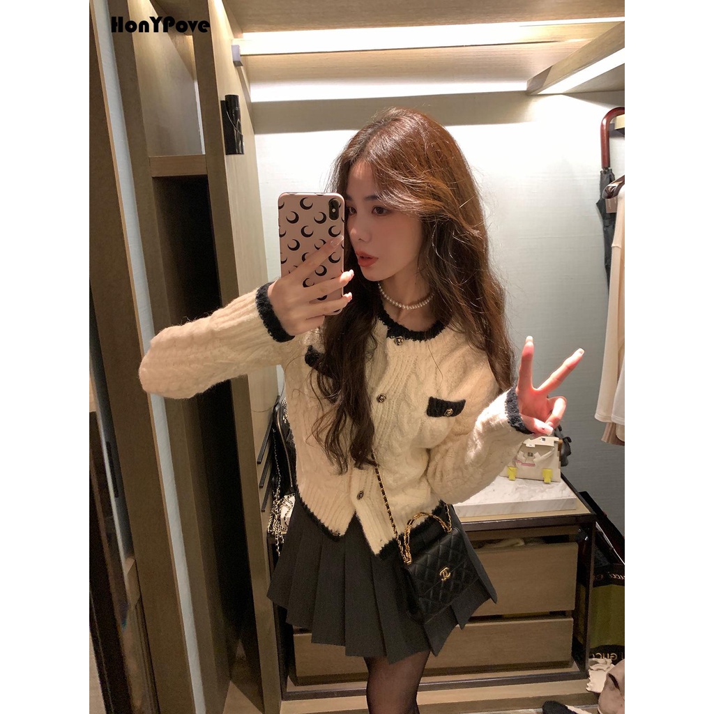 Honypove Áo Khoác cardigan Dệt Kim Dáng Ngắn Chất Vải Dày Thiết Kế Ôm Sát Tôn Dáng