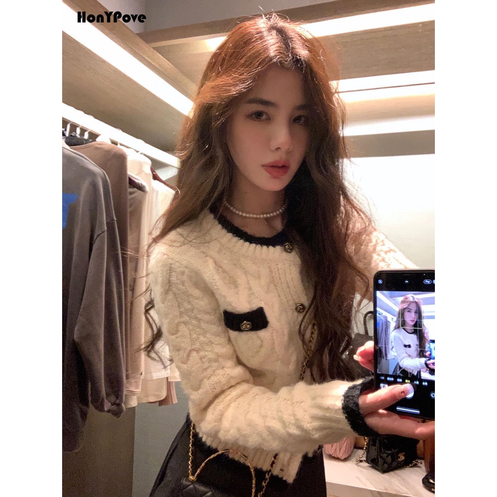 Honypove Áo Khoác cardigan Dệt Kim Dáng Ngắn Chất Vải Dày Thiết Kế Ôm Sát Tôn Dáng