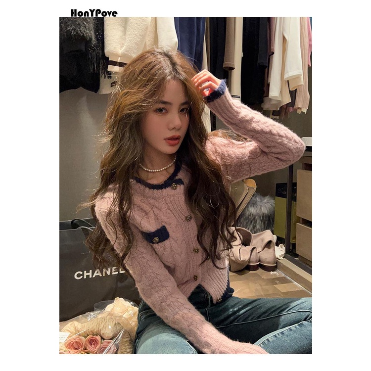 Honypove Áo Khoác cardigan Dệt Kim Dáng Ngắn Chất Vải Dày Thiết Kế Ôm Sát Tôn Dáng