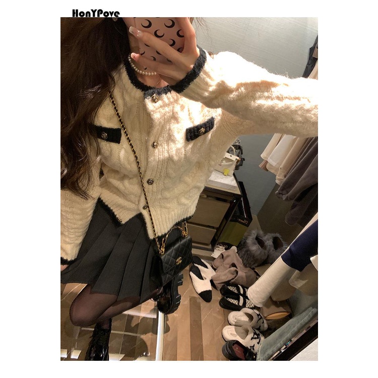 Honypove Áo Khoác cardigan Dệt Kim Dáng Ngắn Chất Vải Dày Thiết Kế Ôm Sát Tôn Dáng