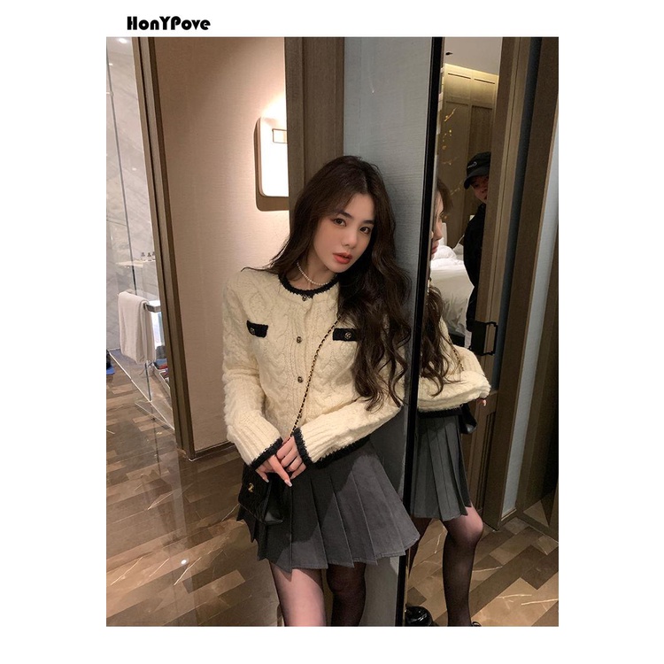 Honypove Áo Khoác cardigan Dệt Kim Dáng Ngắn Chất Vải Dày Thiết Kế Ôm Sát Tôn Dáng