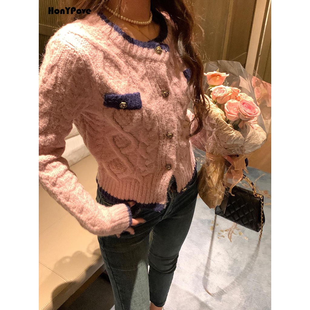 Honypove Áo Khoác cardigan Dệt Kim Dáng Ngắn Chất Vải Dày Thiết Kế Ôm Sát Tôn Dáng