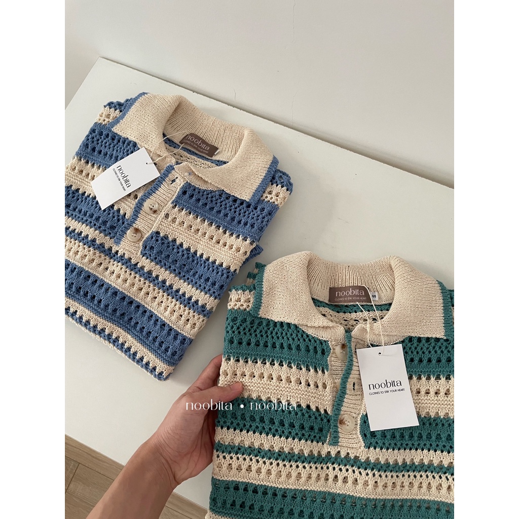 NOOBITA - Polo len lưới kẻ sọc form boxy 8032