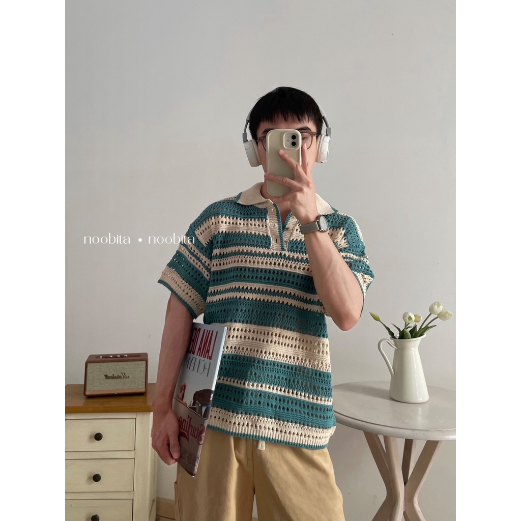 NOOBITA - Polo len lưới kẻ sọc form boxy 8032