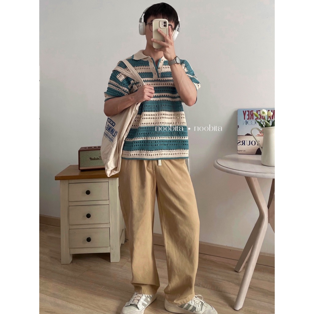 NOOBITA - Polo len lưới kẻ sọc form boxy 8032
