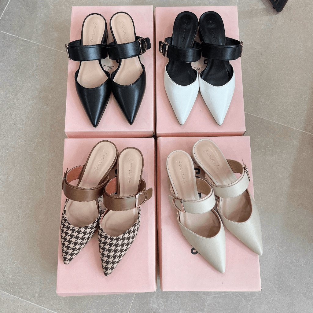 Hàng mới nhất XẢ KHO Giày sục dáng mule mũi nhọn quai chữ D thời trang gót vuông cao 4cm và 6cm (chân dày hoặc bè ngang