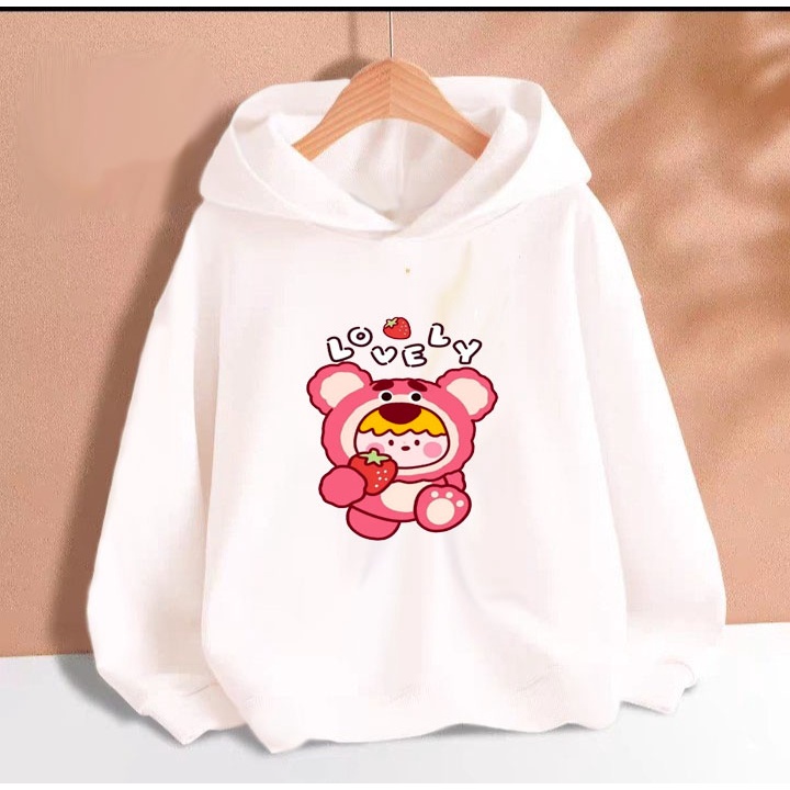 Áo hoodie gấu dâu love.ly cho bé gái phom rộng chất nỉ size từ 9 đến 65kg