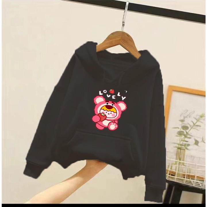 Áo hoodie gấu dâu love.ly cho bé gái phom rộng chất nỉ size từ 9 đến 65kg