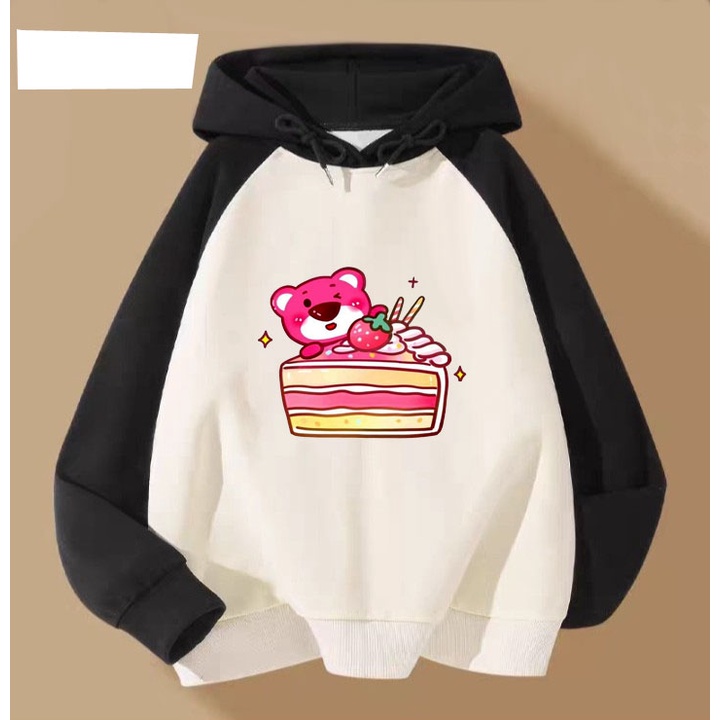 Áo hoodie gấu dâu bánh kem cho bé gái phom rộng chất nỉ size từ 9 đến 65kg