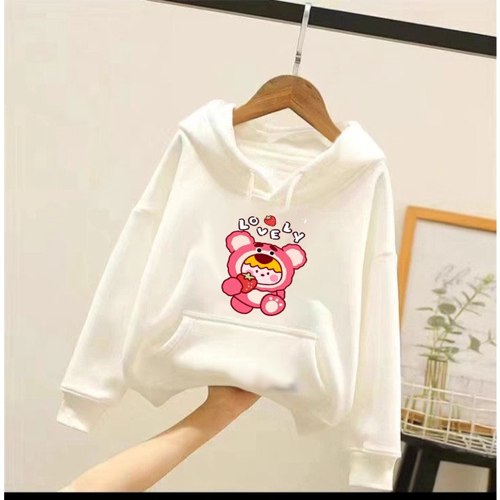 Áo hoodie gấu dâu love.ly cho bé gái phom rộng chất nỉ size từ 9 đến 65kg