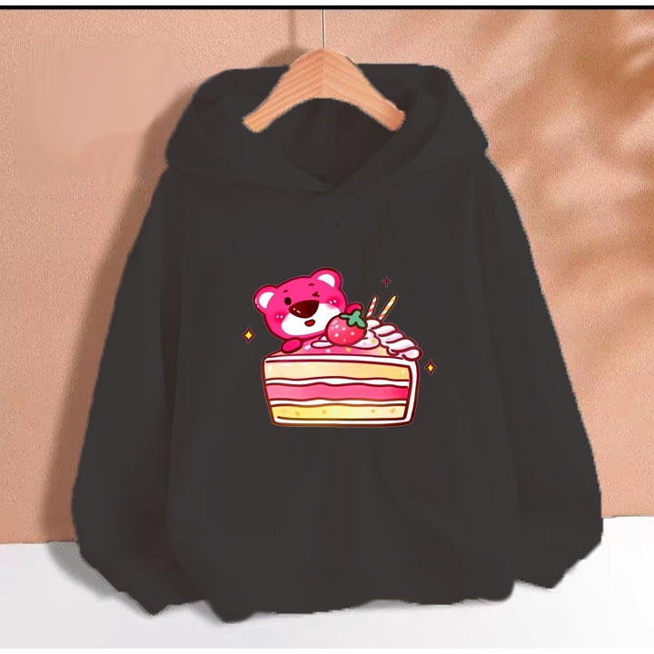 Áo hoodie gấu dâu bánh kem cho bé gái phom rộng chất nỉ size từ 9 đến 65kg