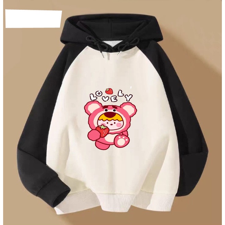 Áo hoodie gấu dâu love.ly cho bé gái phom rộng chất nỉ size từ 9 đến 65kg