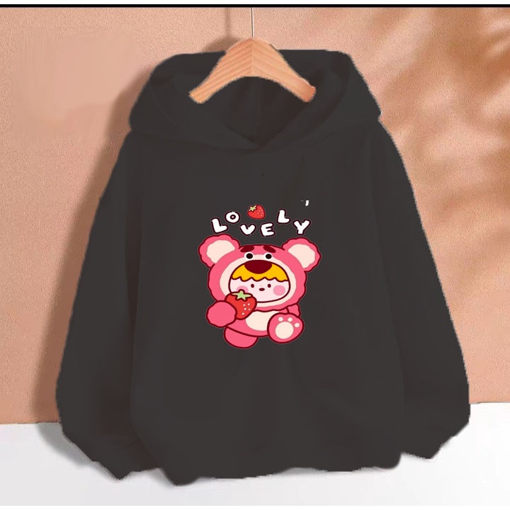 Áo hoodie gấu dâu love.ly cho bé gái phom rộng chất nỉ size từ 9 đến 65kg