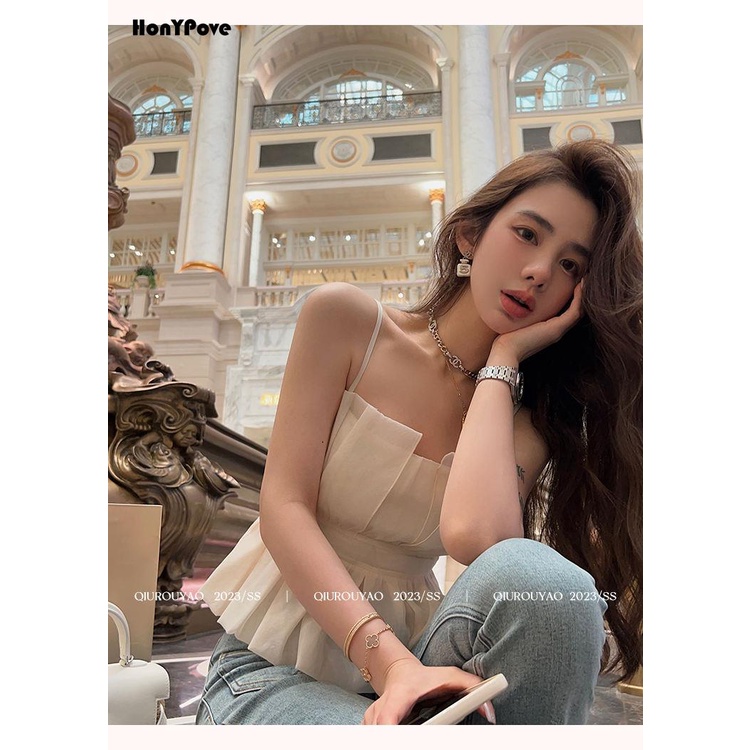 Honypove Áo Hai Dây organza Nhỏ Phong Cách Thời Trang Mùa Thu Mới 2023
