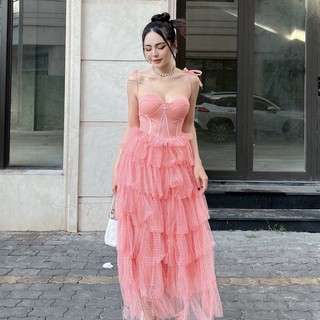  Đầm maxi lưới bi tầng 2 màu - Maxingoclan