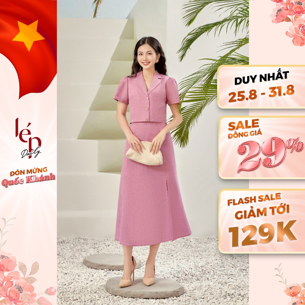 Set áo phối chân váy màu hồng trơn cổ 2 ve Lep' DS00V300124H1