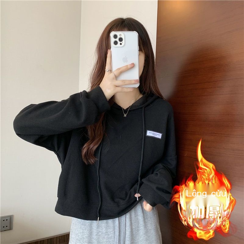 Áo Hoodie Lửng Dáng Rộng Thời Trang Thu Đông Mới Cho Nữ