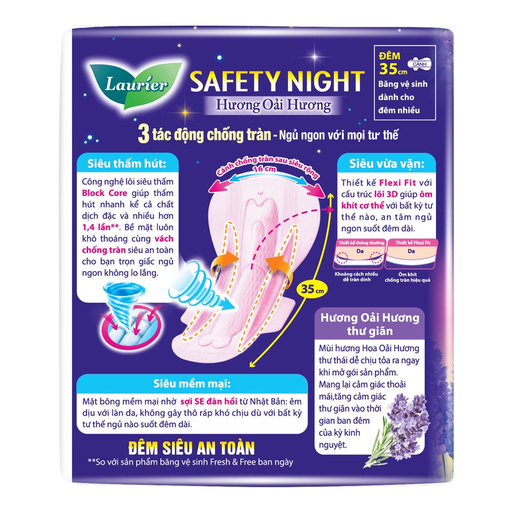 Băng vệ sinh Laurier Safety Night Đêm Siêu An Toàn 35 cm 8 miếng Hương Lavender