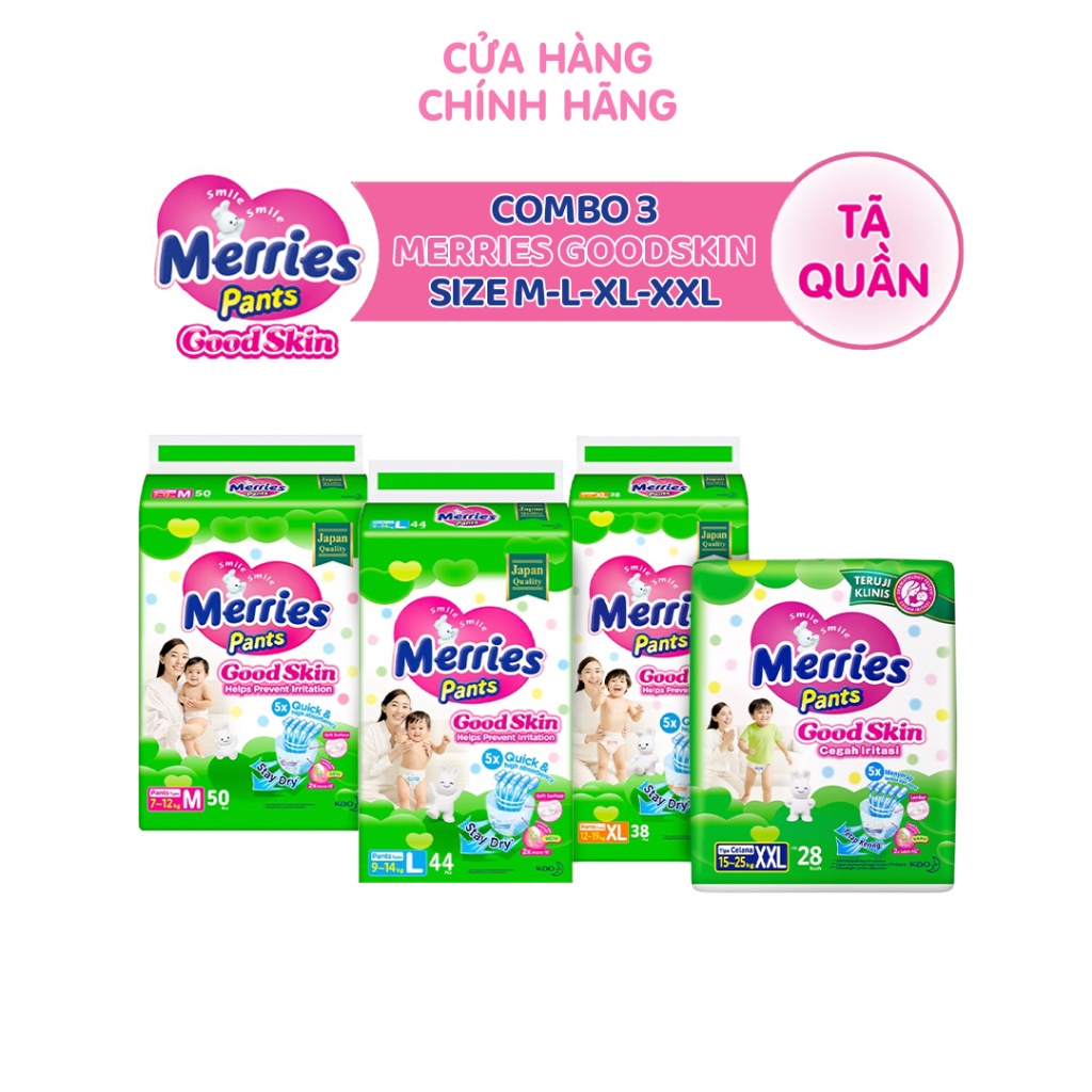 Combo 3 Tã quần Merries Goodskin đủ size M50/L44/XL38/XXL28