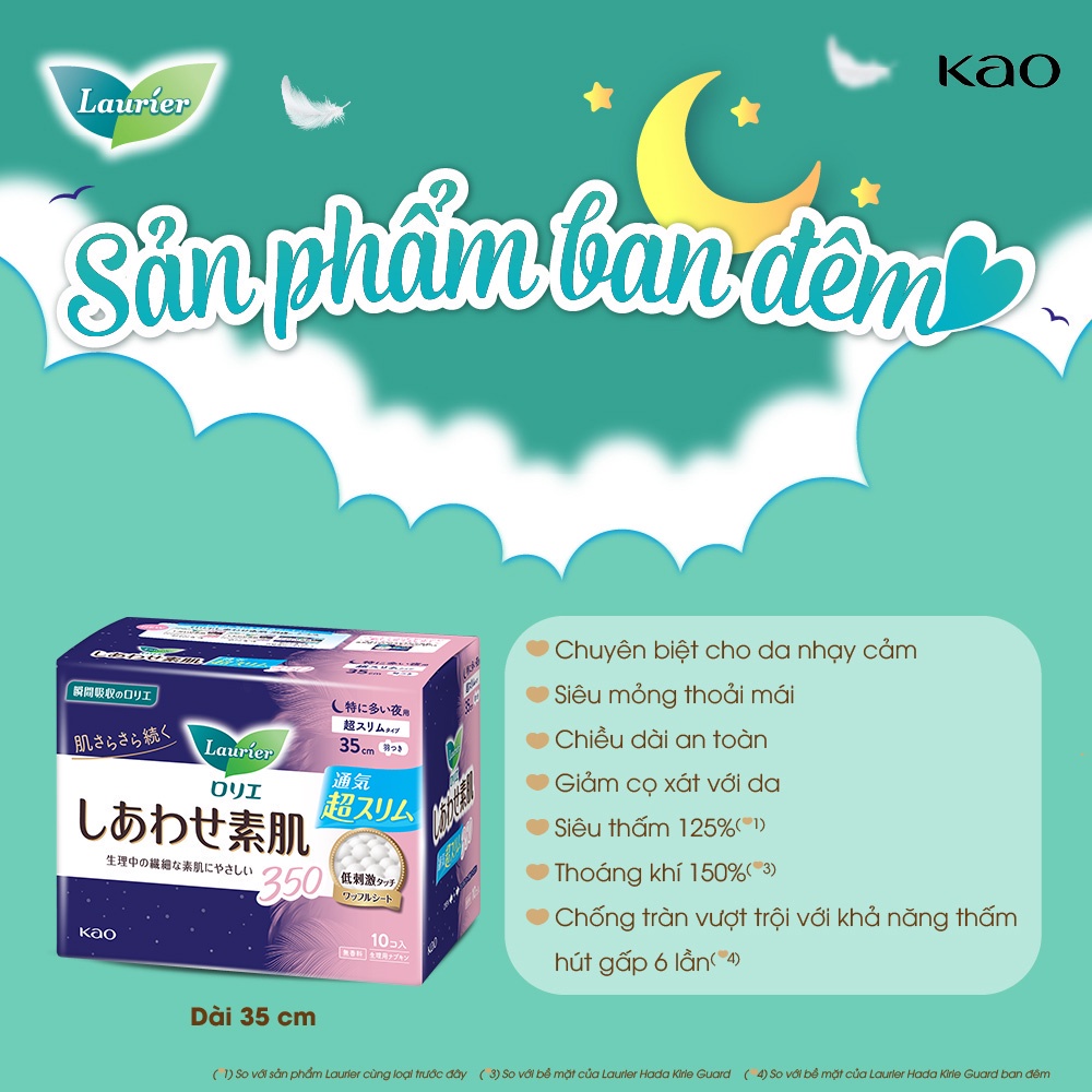 Băng vệ sinh ban đêm Laurier Happy Skin 35 cm 10 miếng/40 cm 9 miếng