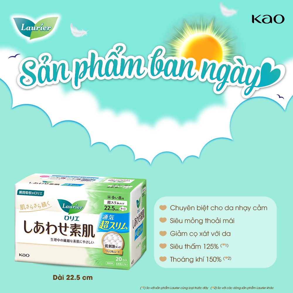 Băng vệ sinh ban ngày Laurier Happy Skin 22.5 cm 20 miếng/25 cm 17 miếng