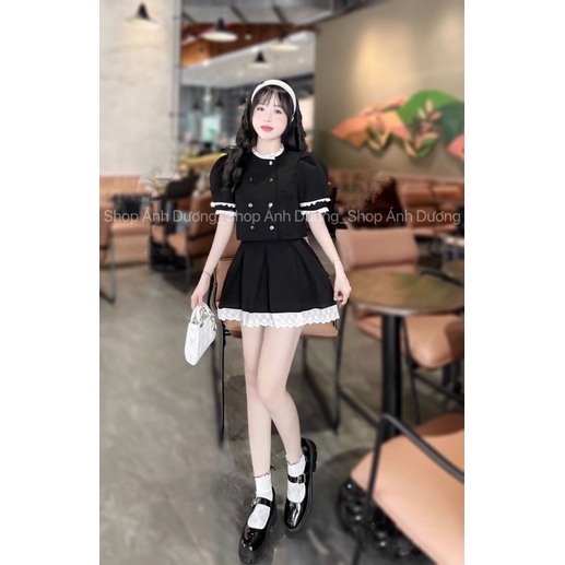 Sét áo chân váy phối viền ren_chất tuyết mưa_Hàng đẹp