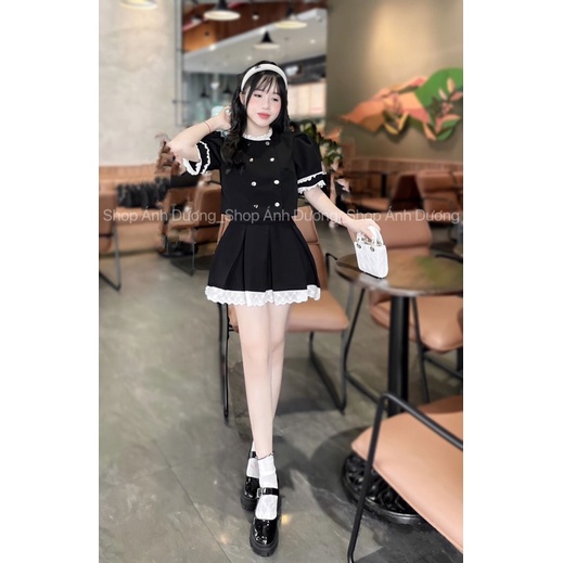 Sét áo chân váy phối viền ren_chất tuyết mưa_Hàng đẹp