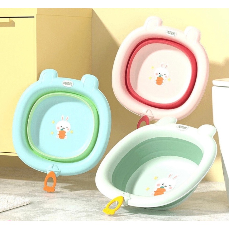 Thau Chậu Rửa Mặt Gấp Gọn Hình Chú Thỏ Con Dễ Thương Có Móc Treo Cho Bé Yêu