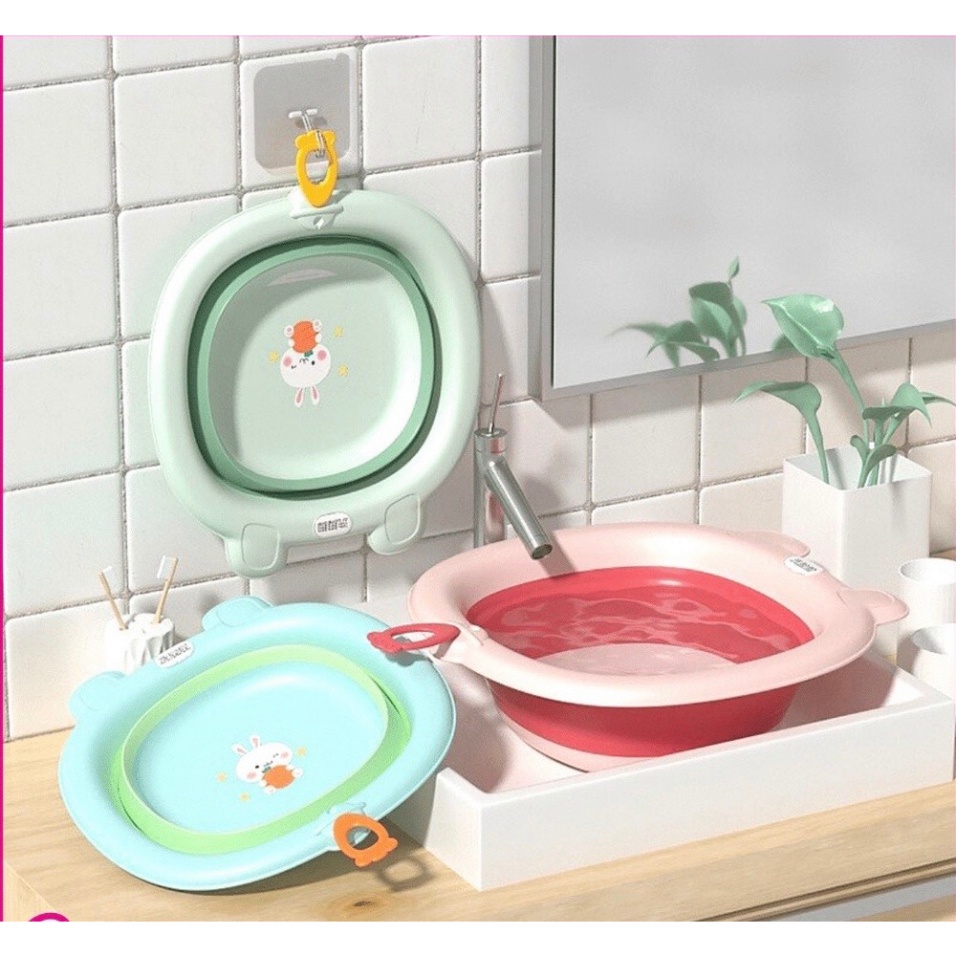 Thau Chậu Rửa Mặt Gấp Gọn Hình Chú Thỏ Con Dễ Thương Có Móc Treo Cho Bé Yêu