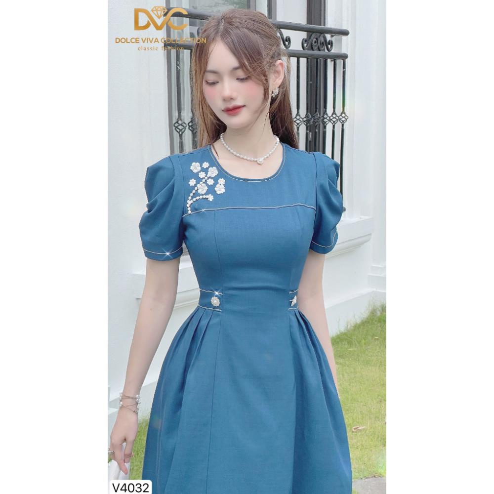 VÁY NỮ MẶC ĐI CHƠI, ĐI LÀM, VÁY THIẾT KẾ XANH THÊU HOA VAI V4032 - DVC chính hãng