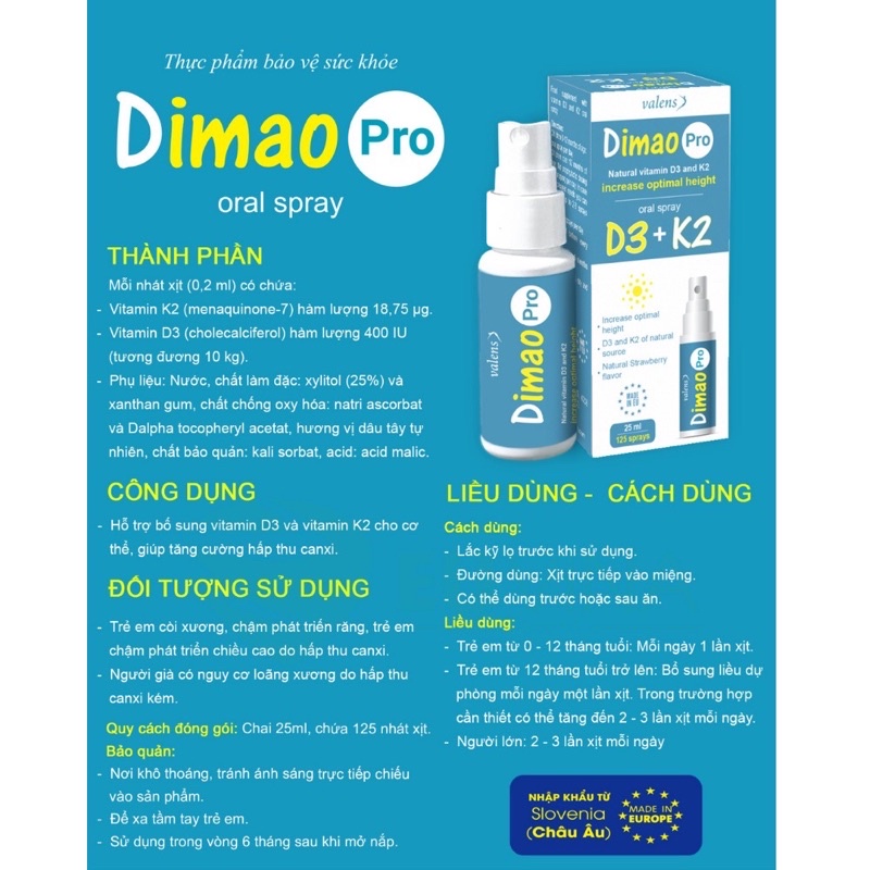 Dimao Pro Oral Spray Bổ Sung Vitamin D và Vitamin K2 Tăng Cường Hấp Thu Canxi Phát Triển Chiều Cao