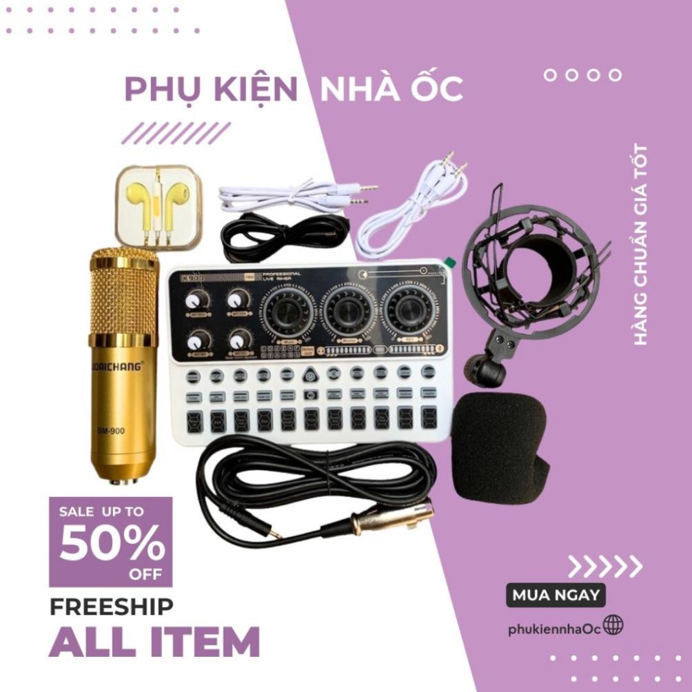 Bộ Mic Hát Livestream Sound Card K900 Và Micro BM900 Có Bluetooth Tặng dây Live 3 màu và Tai Nghe 6s Bảo Hành 12 Tháng