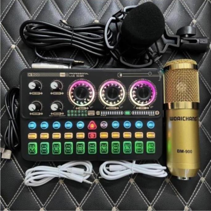 Bộ Mic Hát Livestream Sound Card K900 Và Micro BM900 Có Bluetooth Tặng dây Live 3 màu và Tai Nghe 6s Bảo Hành 12 Tháng